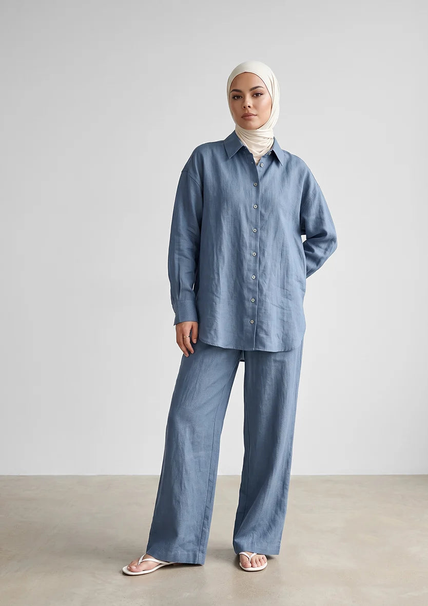 Blue -Modest Shirt 100% Italian Linen Co-ord Set