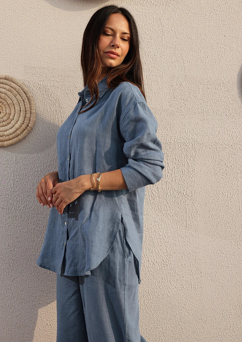 Blue -Modest Shirt 100% Italian Linen Co-ord Set