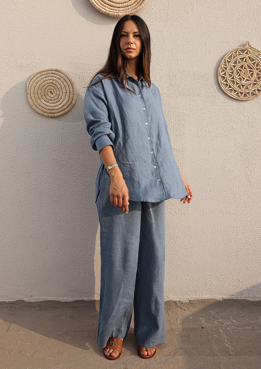 Blue -Modest Shirt 100% Italian Linen Co-ord Set