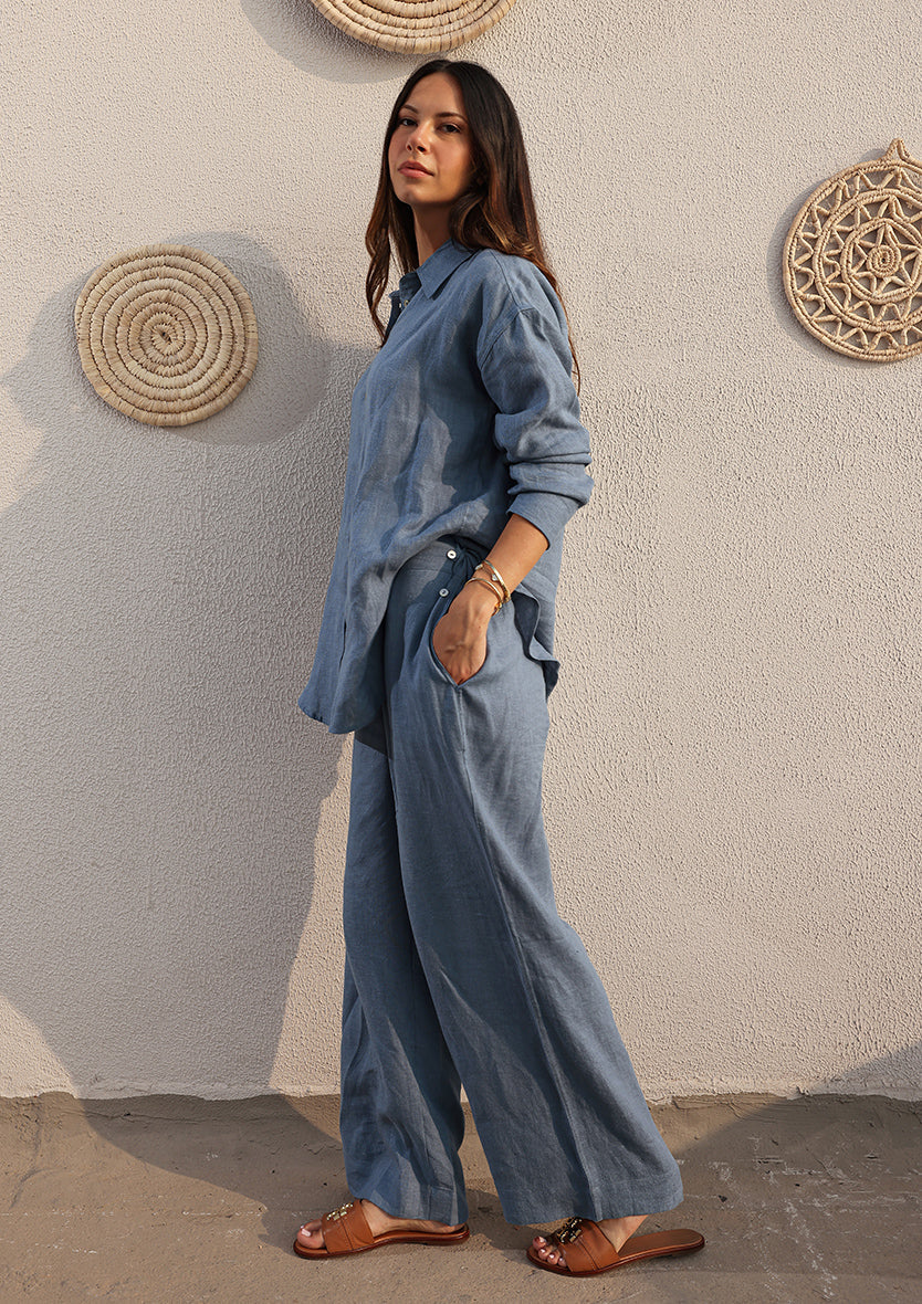 Blue -Modest Shirt 100% Italian Linen Co-ord Set
