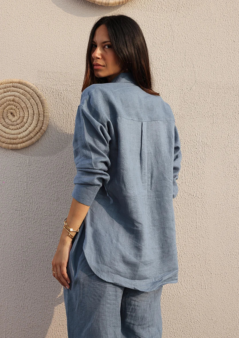 Blue -Modest Shirt 100% Italian Linen Co-ord Set