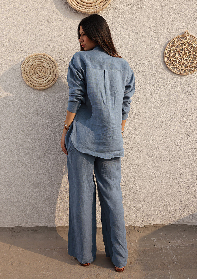 Blue -Modest Shirt 100% Italian Linen Co-ord Set