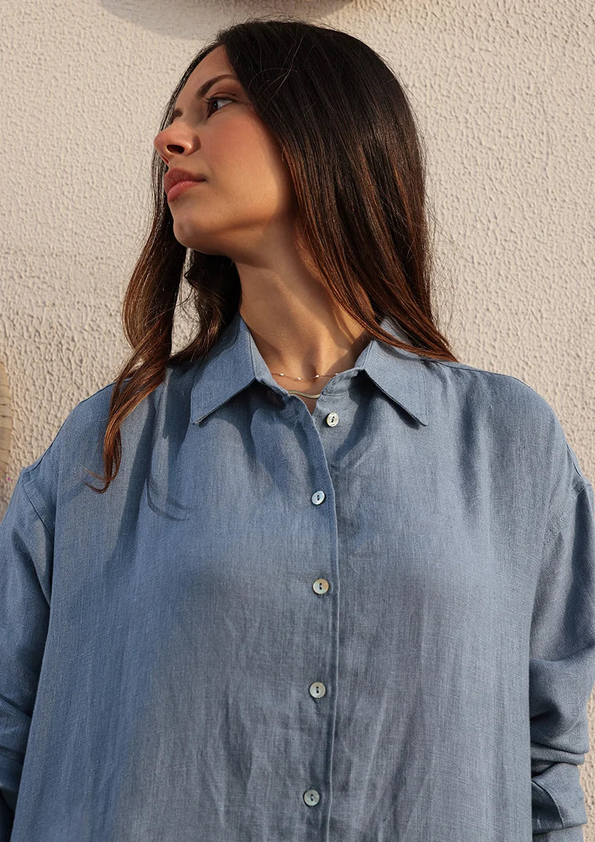 Blue -Modest Shirt 100% Italian Linen Co-ord Set