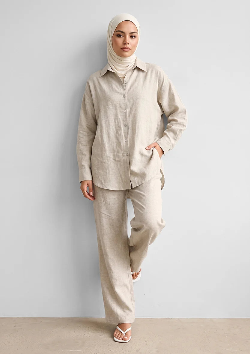 Natural -Modest Shirt 100% Italian Linen Co-ord Set
