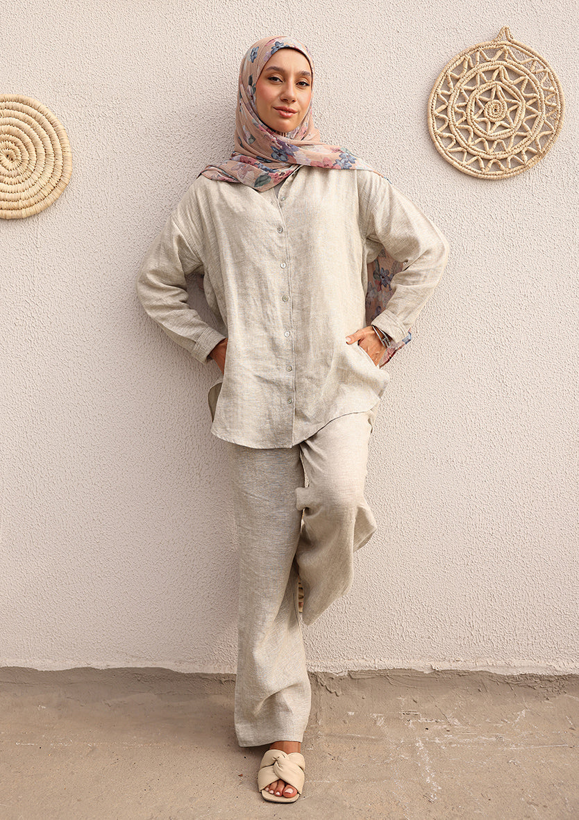 Natural -Modest Shirt 100% Italian Linen Co-ord Set