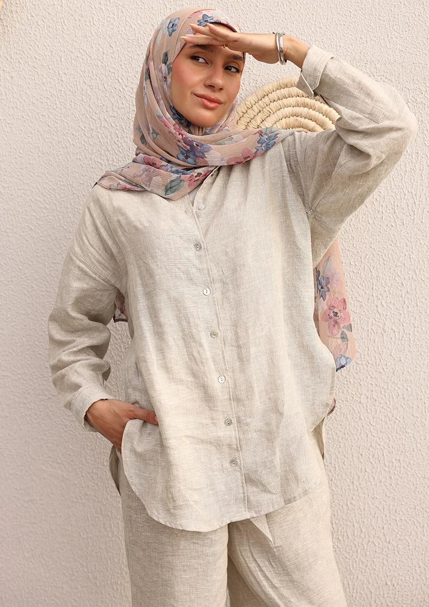 Natural -Modest Shirt 100% Italian Linen Co-ord Set