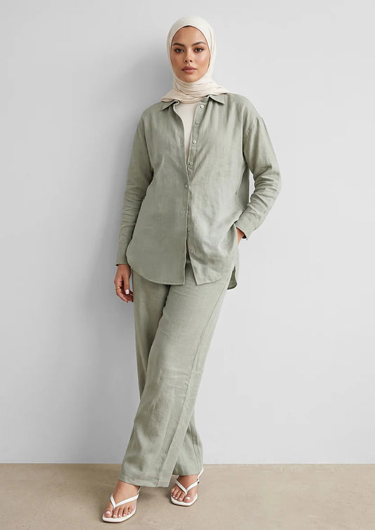 Sage -Modest Shirt 100% Italian Linen Co-ord Set