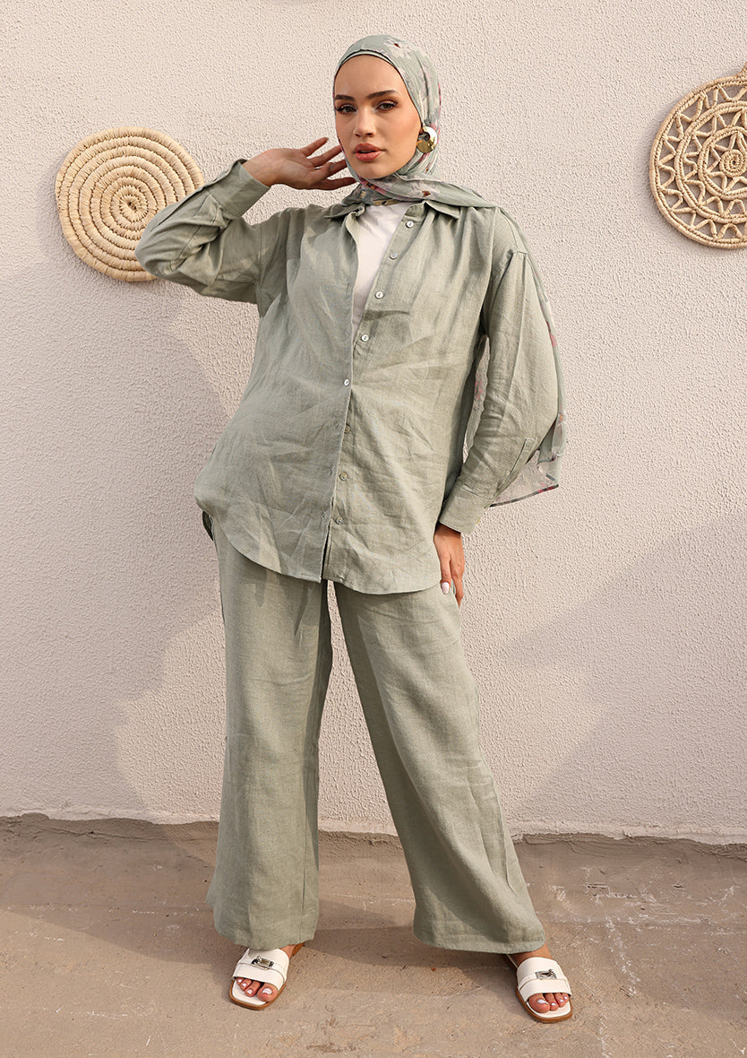 Sage -Modest Shirt 100% Italian Linen Co-ord Set