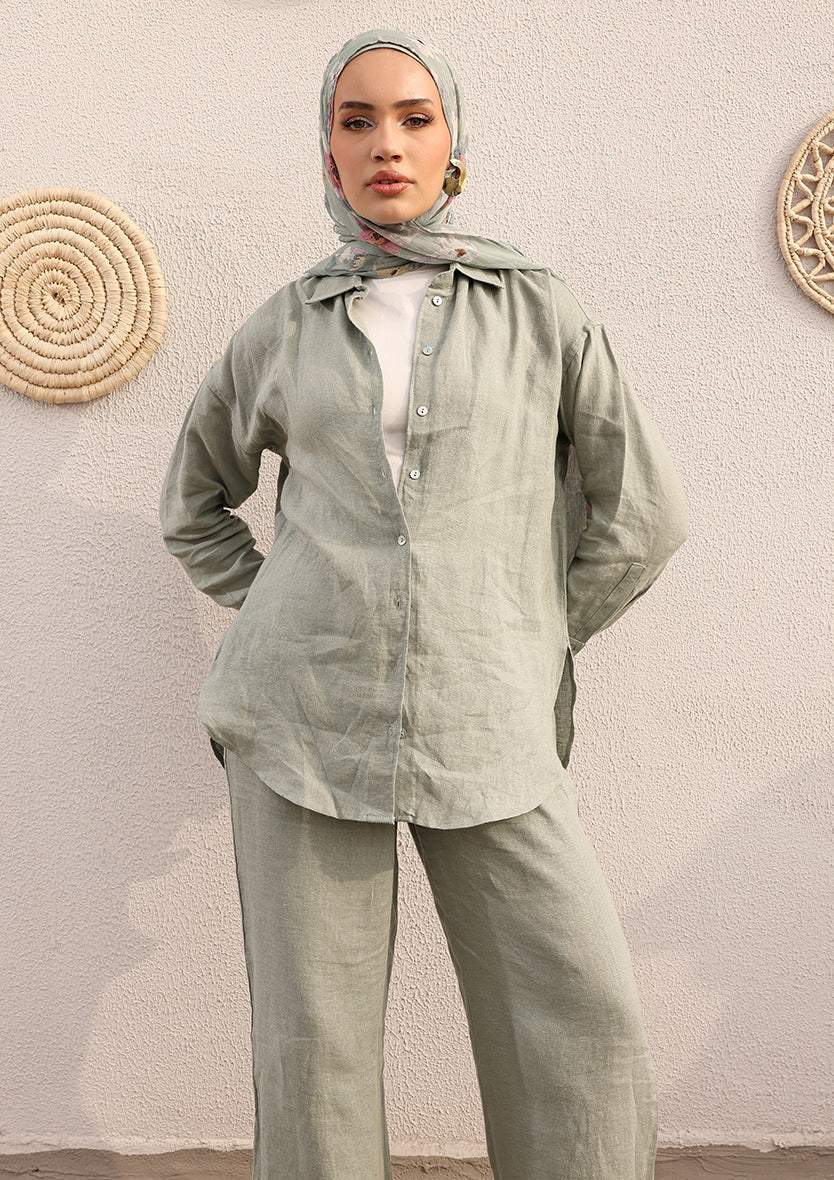Sage -Modest Shirt 100% Italian Linen Co-ord Set