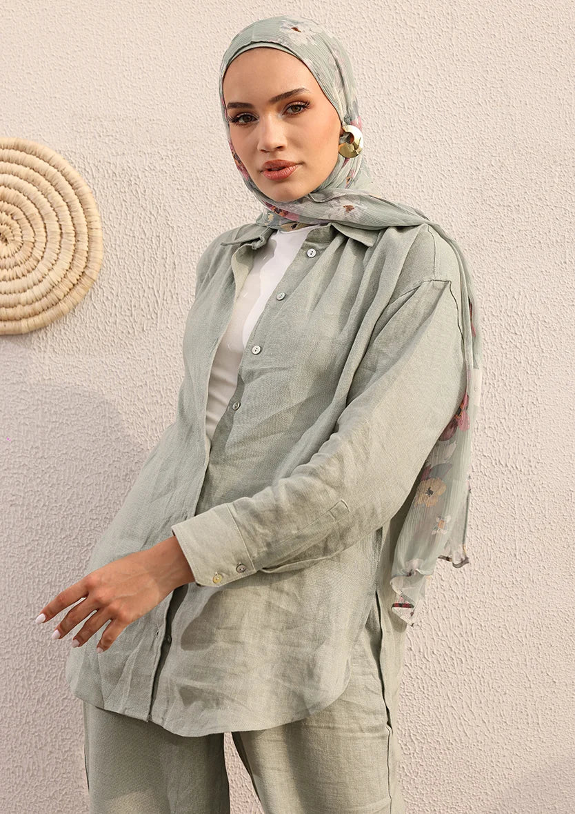 Sage -Modest Shirt 100% Italian Linen Co-ord Set
