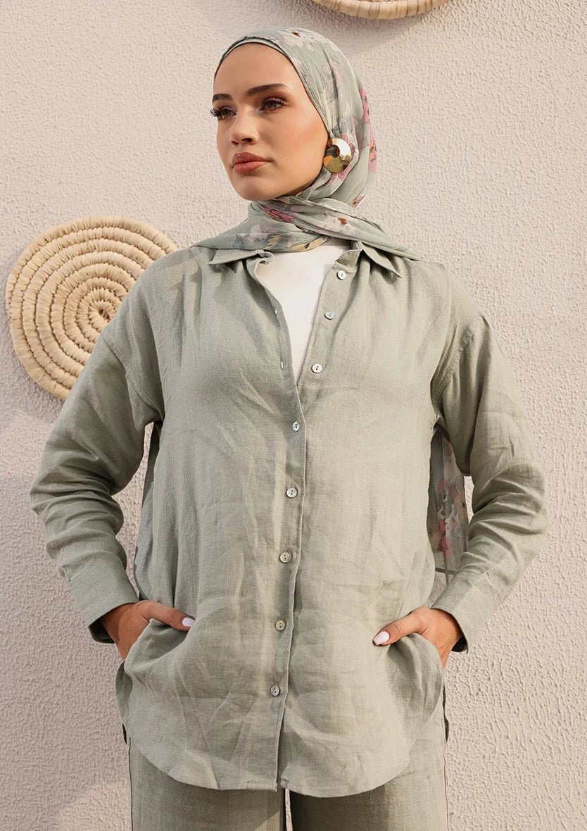 Sage -Modest Shirt 100% Italian Linen Co-ord Set