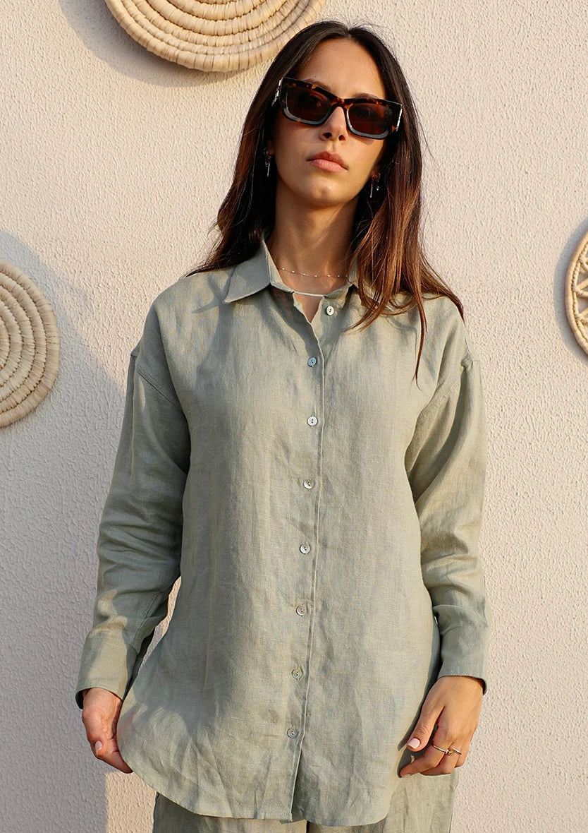 Sage -Modest Shirt 100% Italian Linen Co-ord Set