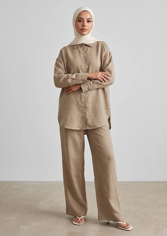 Olive -Modest Shirt 100% Italian Linen Co-ord Set