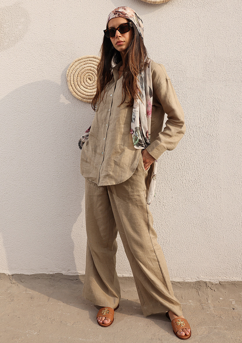 Olive -Modest Shirt 100% Italian Linen Co-ord Set