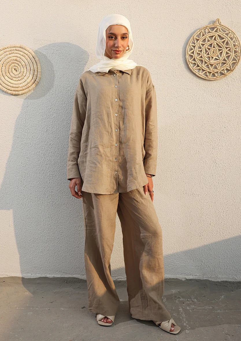 Olive -Modest Shirt 100% Italian Linen Co-ord Set
