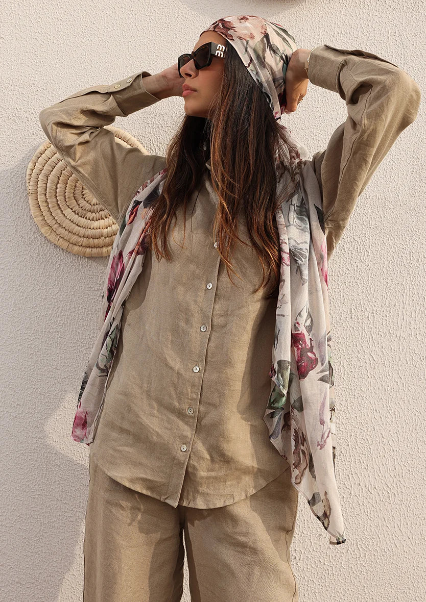 Olive -Modest Shirt 100% Italian Linen Co-ord Set