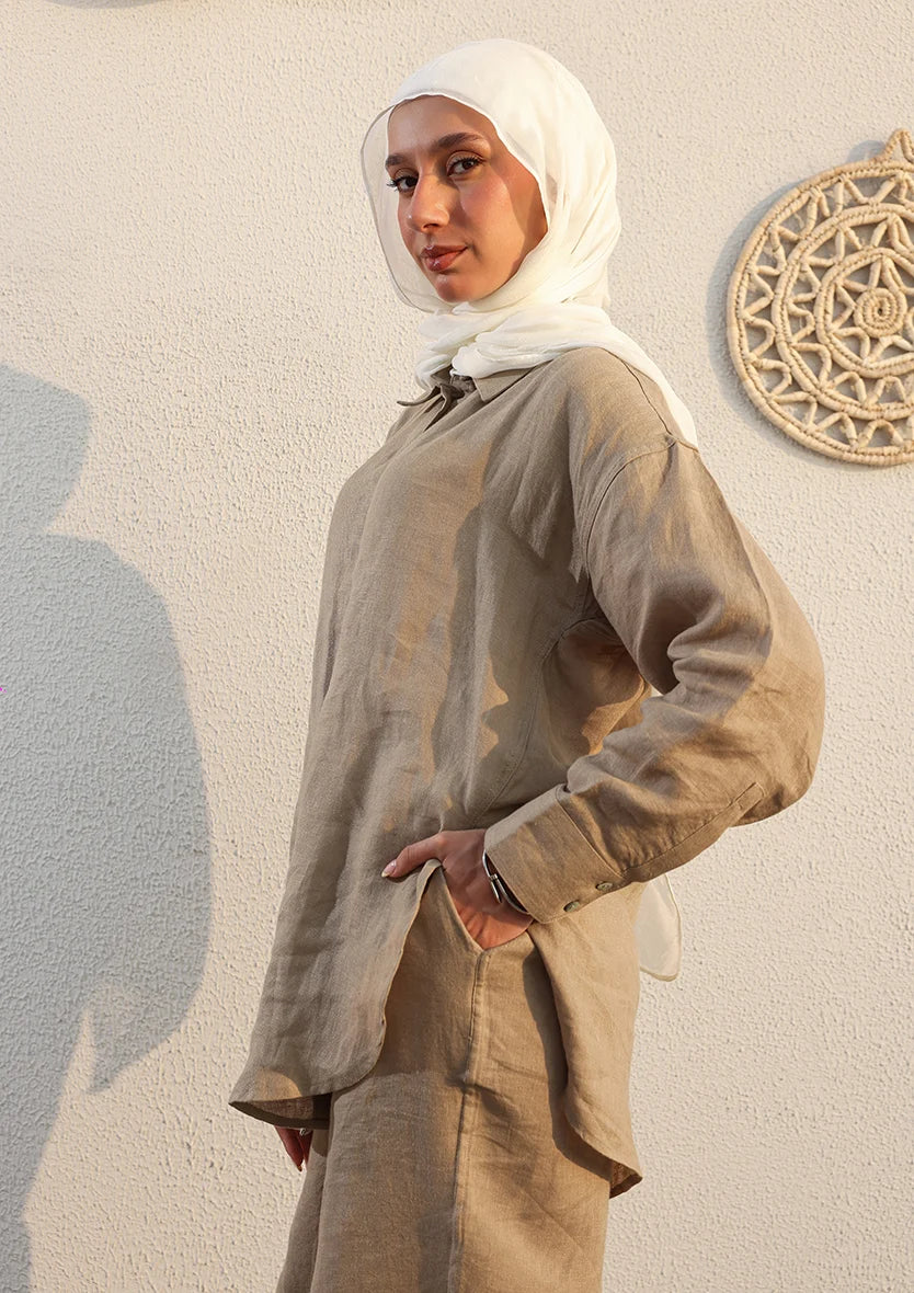 Olive -Modest Shirt 100% Italian Linen Co-ord Set