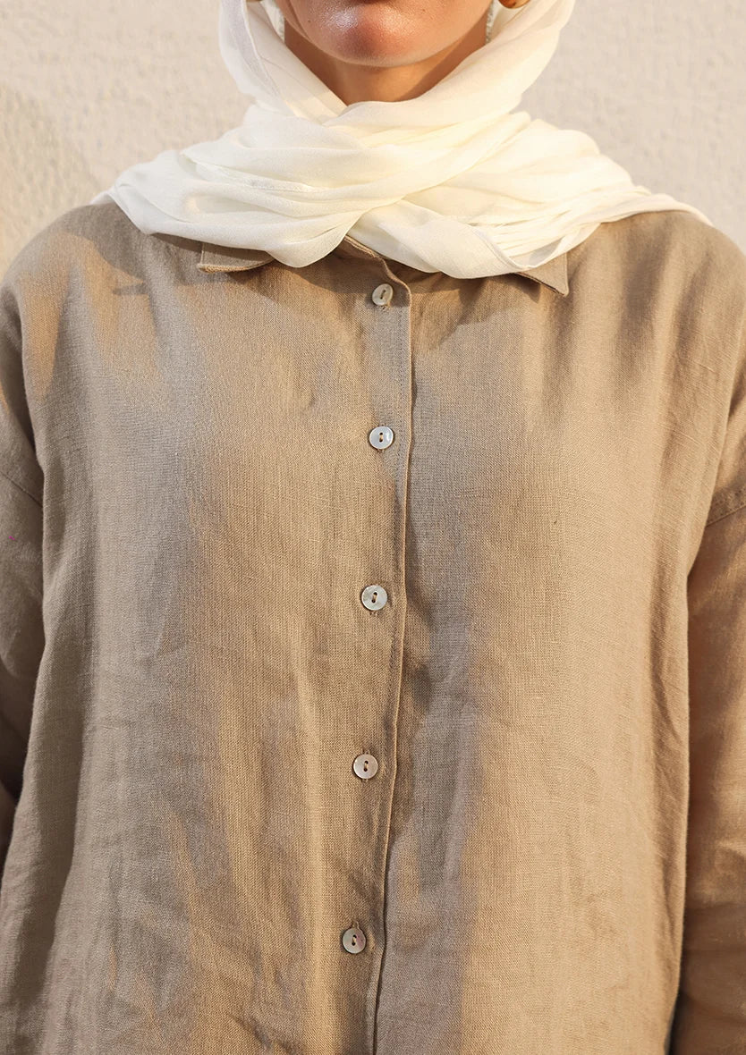 Olive -Modest Shirt 100% Italian Linen Co-ord Set