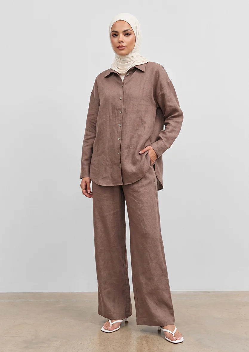 Taupe -Modest Shirt 100% Italian Linen Co-ord Set