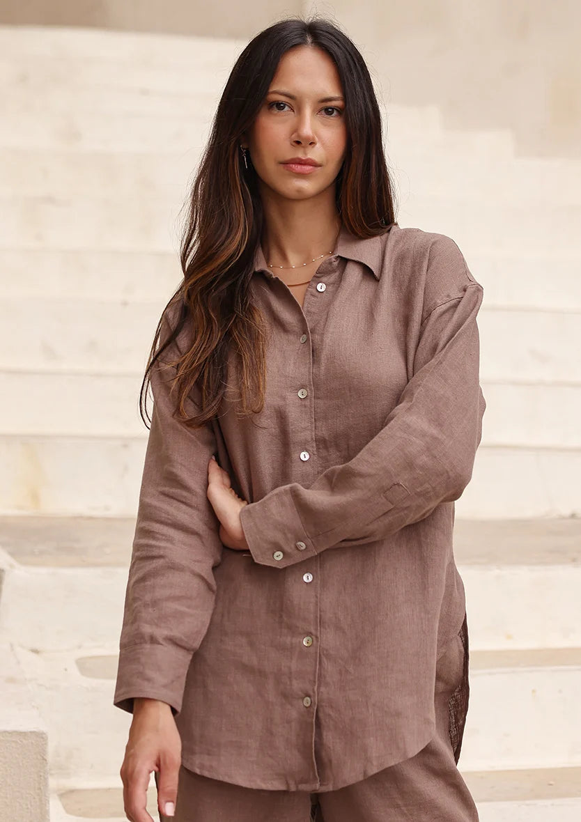 Taupe -Modest Shirt 100% Italian Linen Co-ord Set